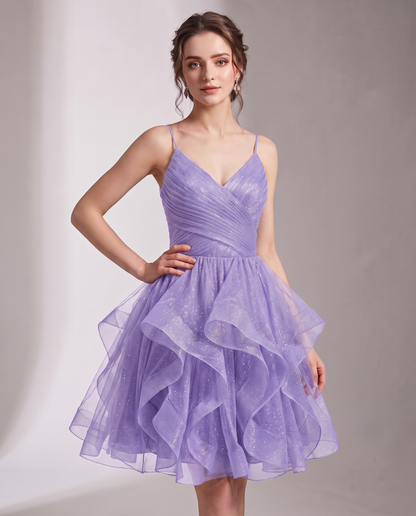 Glitter Tulle Satin Sleeveless V-Neck A-Line Mini Dress for Party, Prom, Cocktail, Evening, Summer & Wedding Guest Events in 