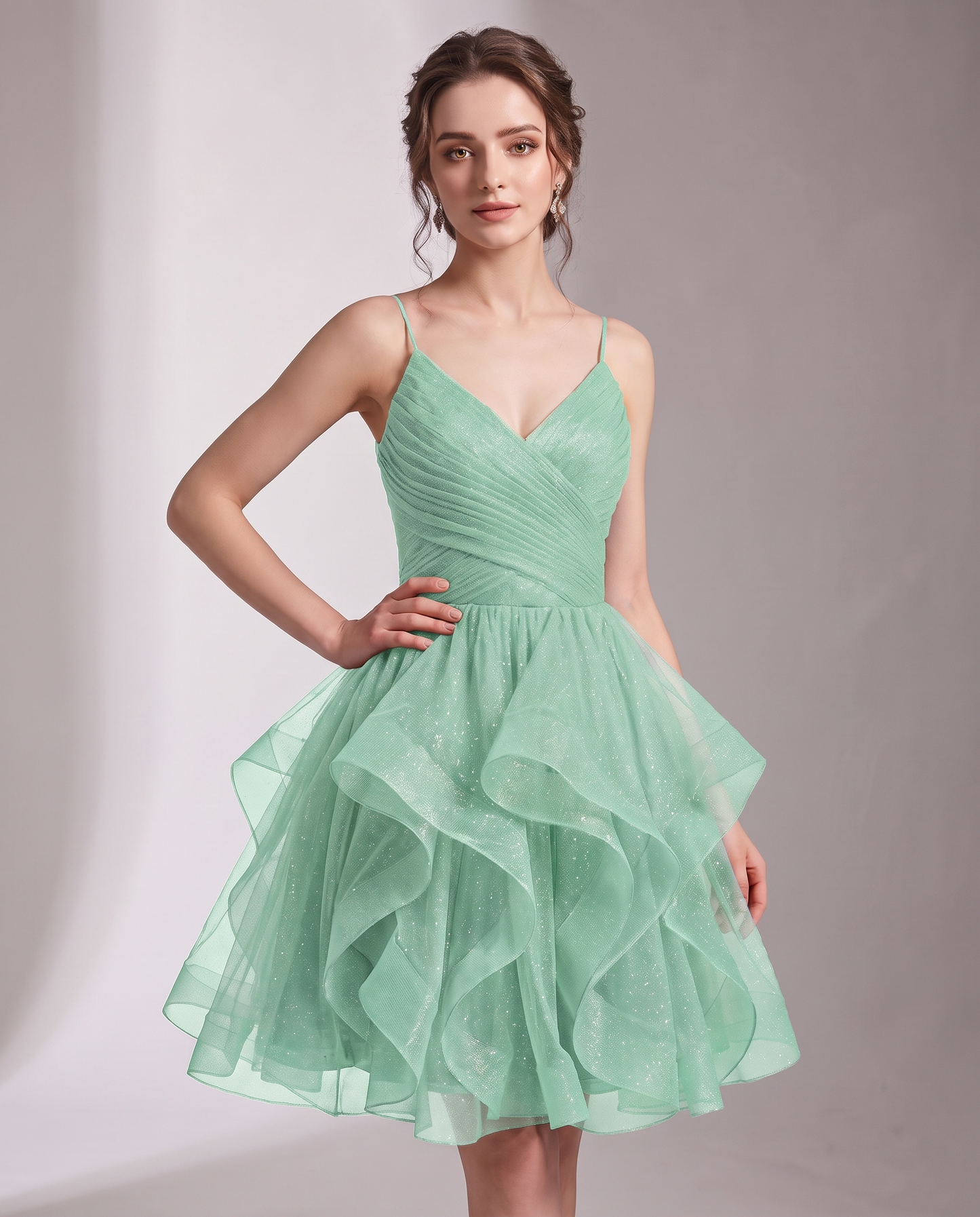 Glitter Tulle Satin Sleeveless V-Neck A-Line Mini Dress for Party, Prom, Cocktail, Evening, Summer & Wedding Guest Events in 