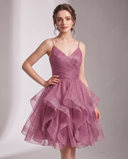 Glitter Tulle Satin Sleeveless V-Neck A-Line Mini Dress for Party, Prom, Cocktail, Evening, Summer & Wedding Guest Events in 