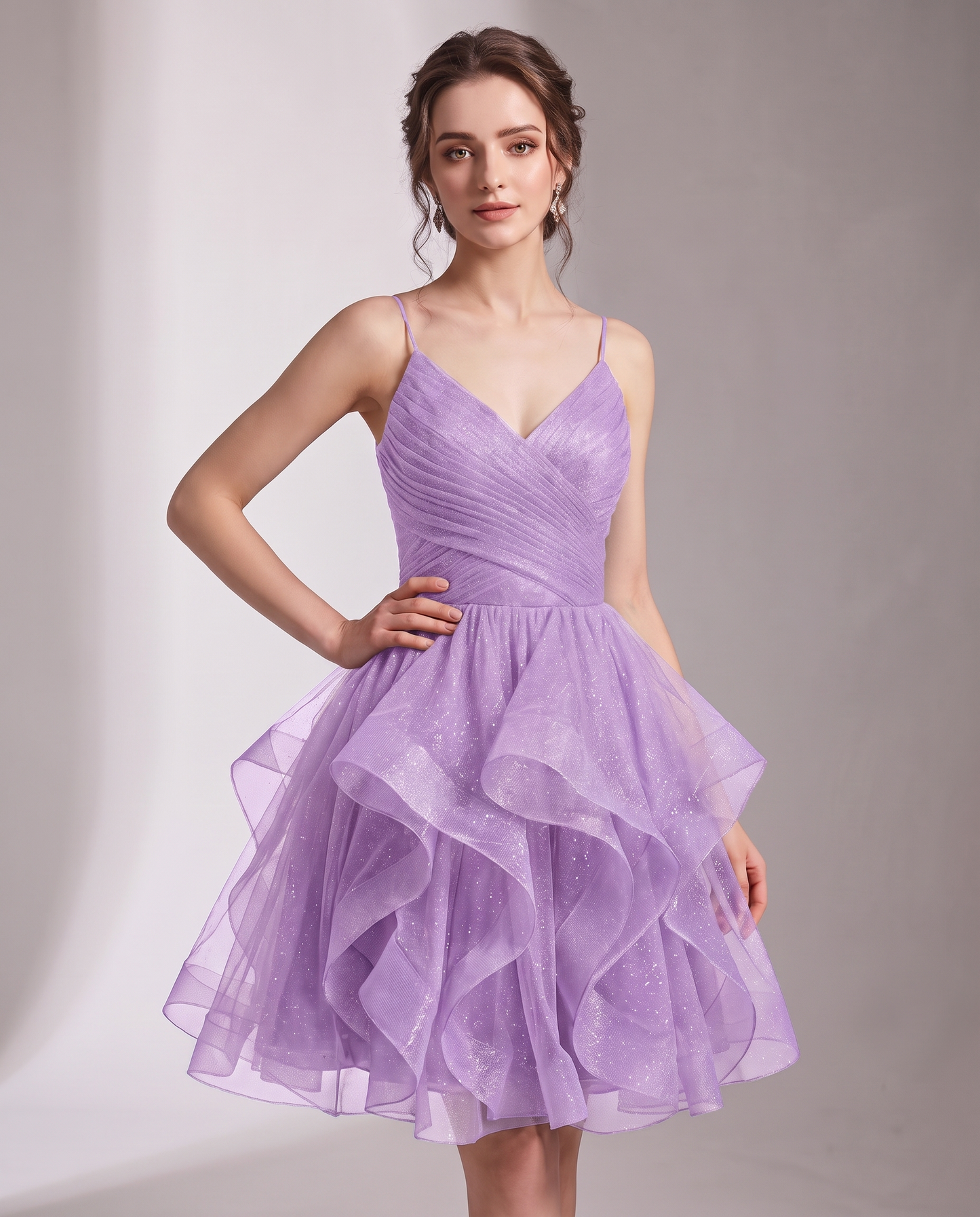 Glitter Tulle Satin Sleeveless V-Neck A-Line Mini Dress for Party, Prom, Cocktail, Evening, Summer & Wedding Guest Events in 