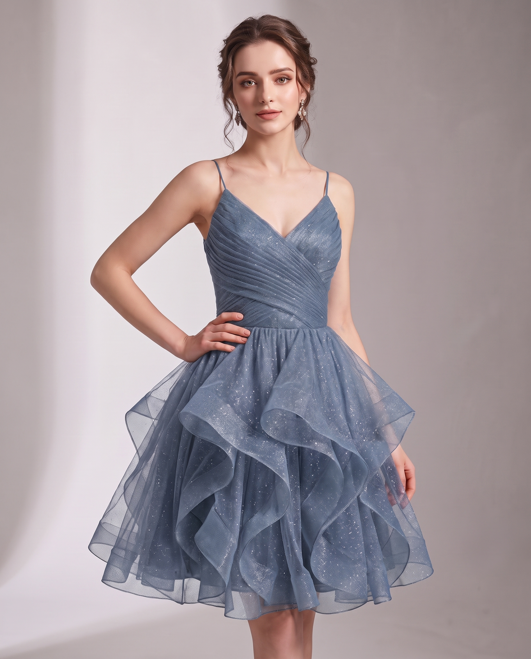 Glitter Tulle Satin Sleeveless V-Neck A-Line Mini Dress for Party, Prom, Cocktail, Evening, Summer & Wedding Guest Events in 