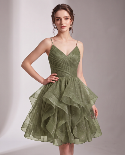 Glitter Tulle Satin Sleeveless V-Neck A-Line Mini Dress for Party, Prom, Cocktail, Evening, Summer & Wedding Guest Events in 