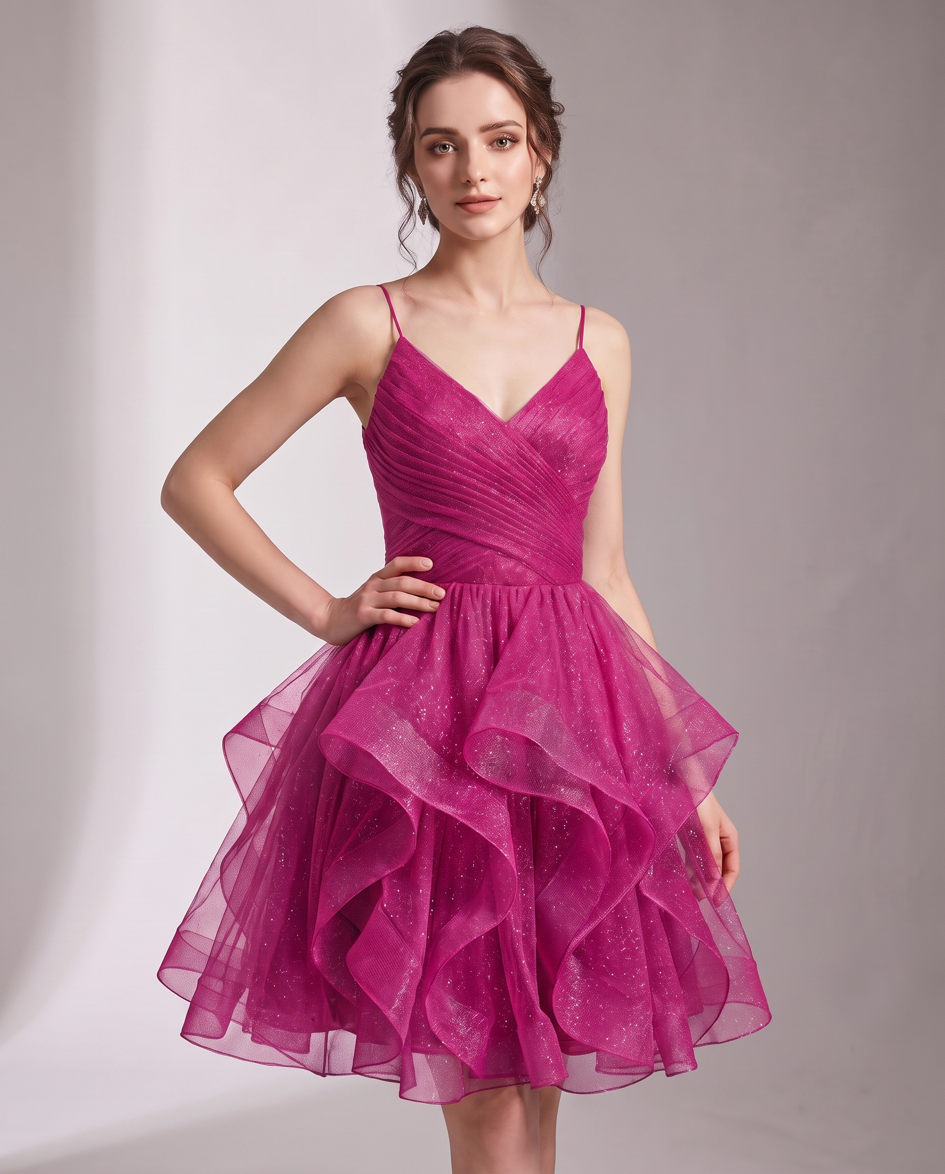 Glitter Tulle Satin Sleeveless V-Neck A-Line Mini Dress for Party, Prom, Cocktail, Evening, Summer & Wedding Guest Events in 