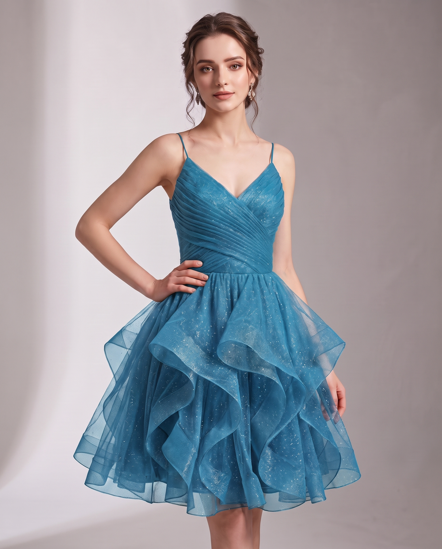 Glitter Tulle Satin Sleeveless V-Neck A-Line Mini Dress for Party, Prom, Cocktail, Evening, Summer & Wedding Guest Events in 