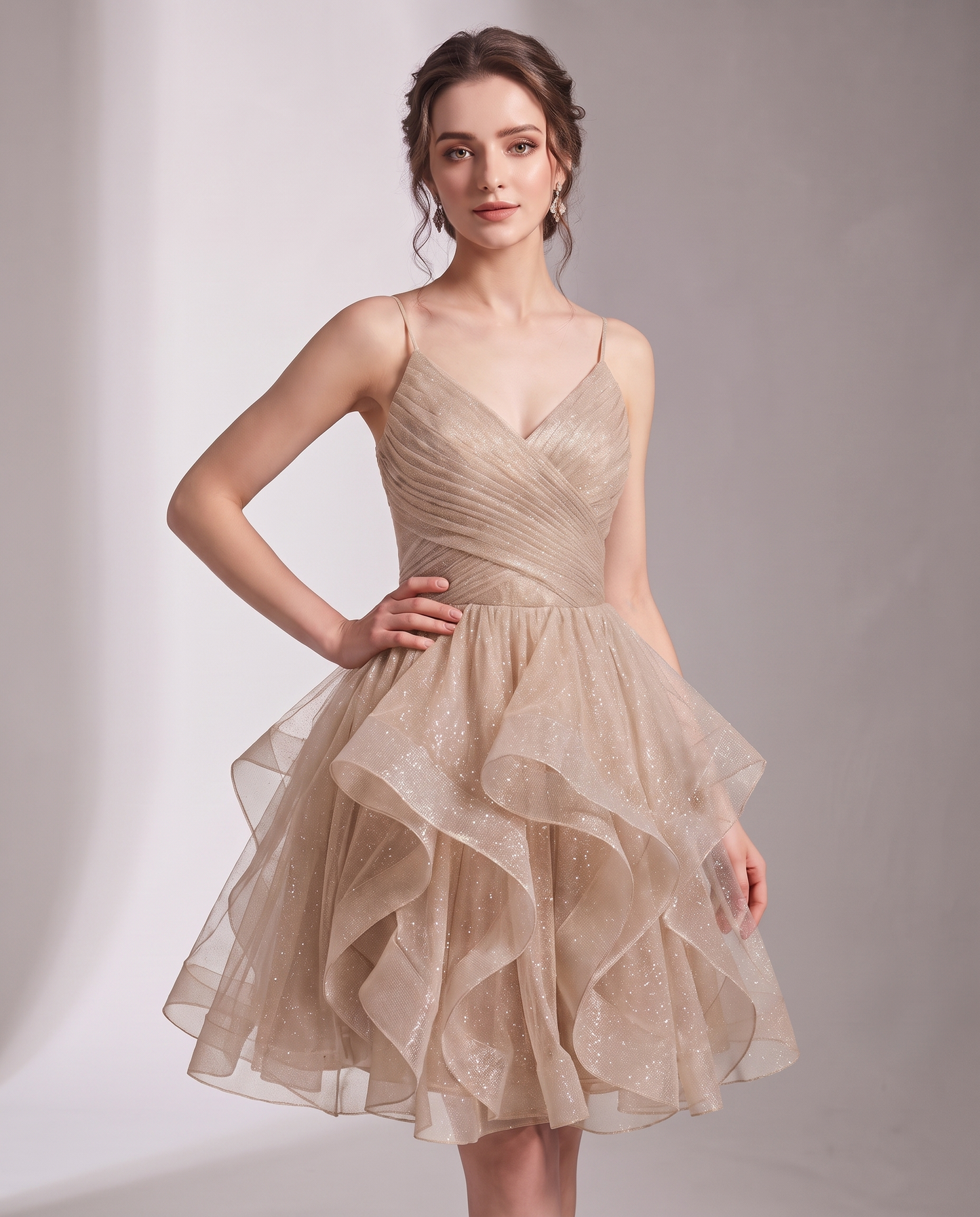 Glitter Tulle Satin Sleeveless V-Neck A-Line Mini Dress for Party, Prom, Cocktail, Evening, Summer & Wedding Guest Events in 