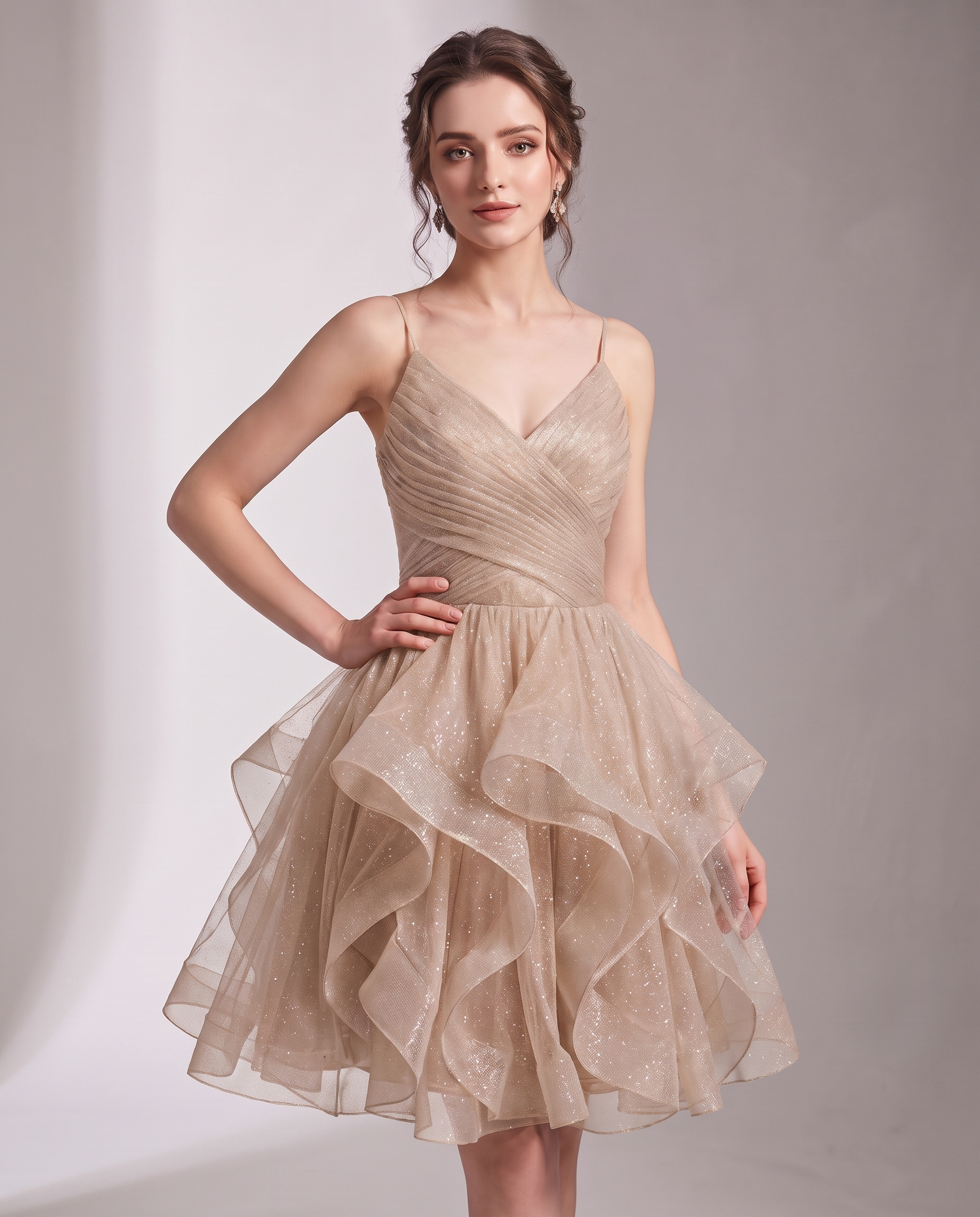 Glitter Tulle Satin Sleeveless V-Neck A-Line Mini Dress for Party, Prom, Cocktail, Evening, Summer & Wedding Guest Events in 