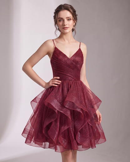 Glitter Tulle Satin Sleeveless V-Neck A-Line Mini Dress for Party, Prom, Cocktail, Evening, Summer & Wedding Guest Events in 