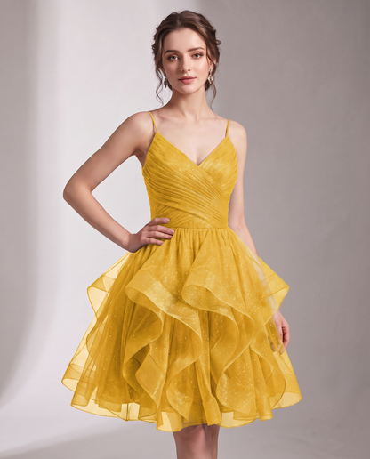 Glitter Tulle Satin Sleeveless V-Neck A-Line Mini Dress for Party, Prom, Cocktail, Evening, Summer & Wedding Guest Events in 