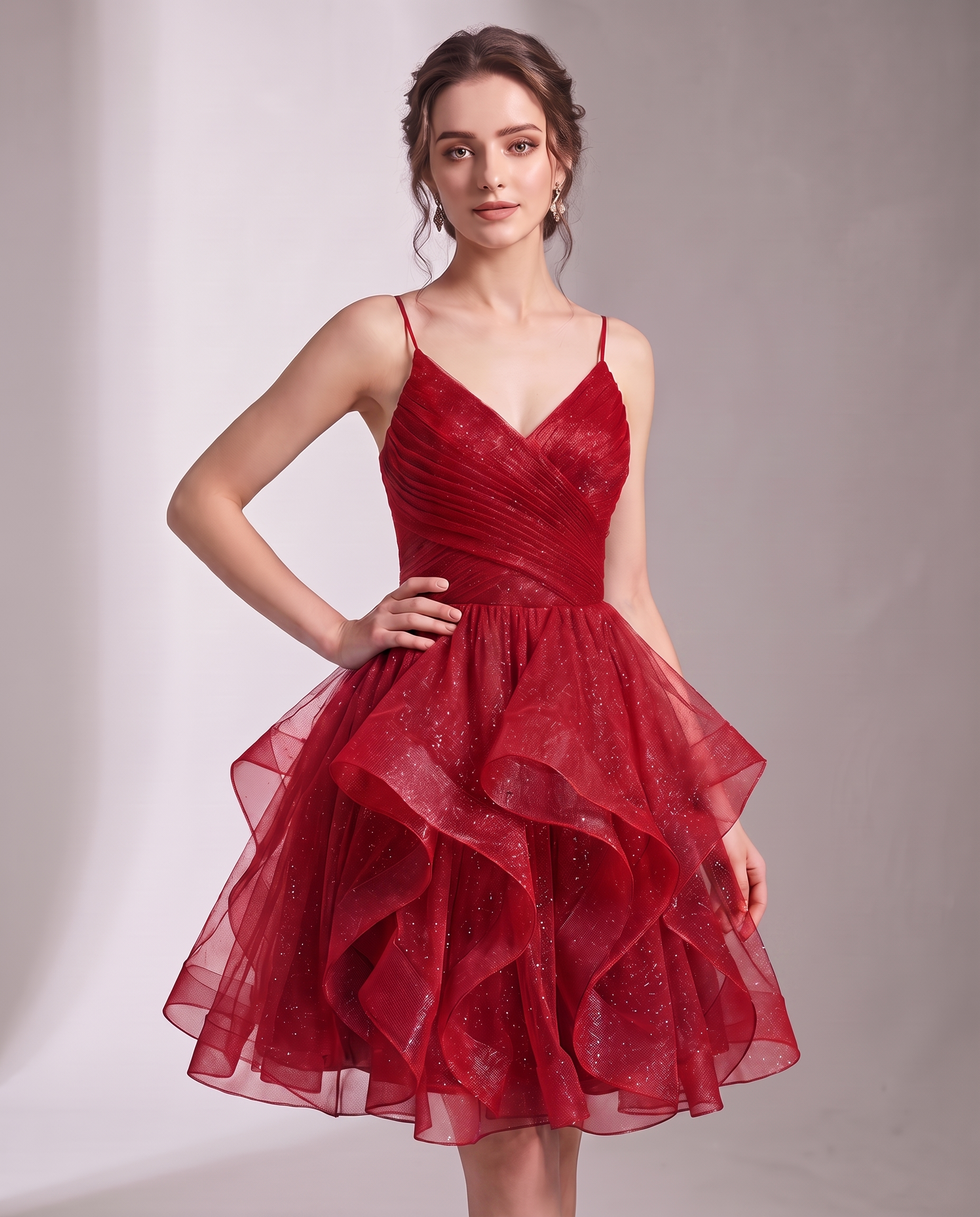Glitter Tulle Satin Sleeveless V-Neck A-Line Mini Dress for Party, Prom, Cocktail, Evening, Summer & Wedding Guest Events in 