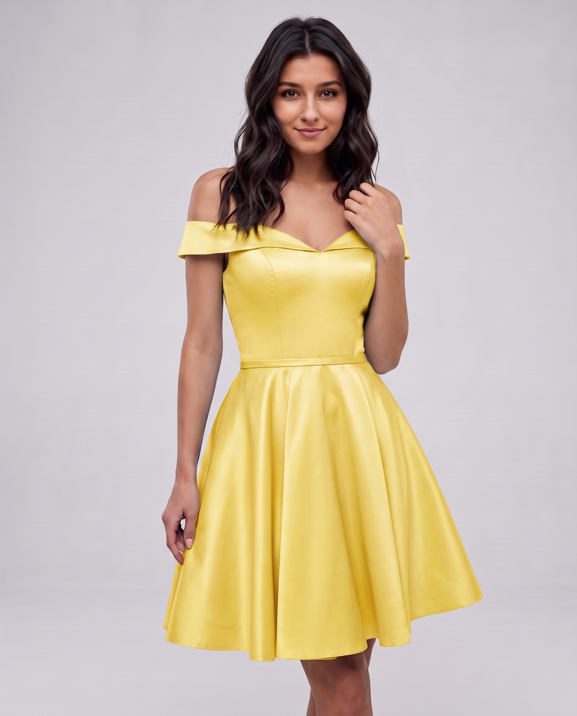 Polyester Satin Off-the-Shoulder V-Neck A-Line Mini Dress for Party, Cocktail, Evening, Wedding Guest, Summer Events in Gold 