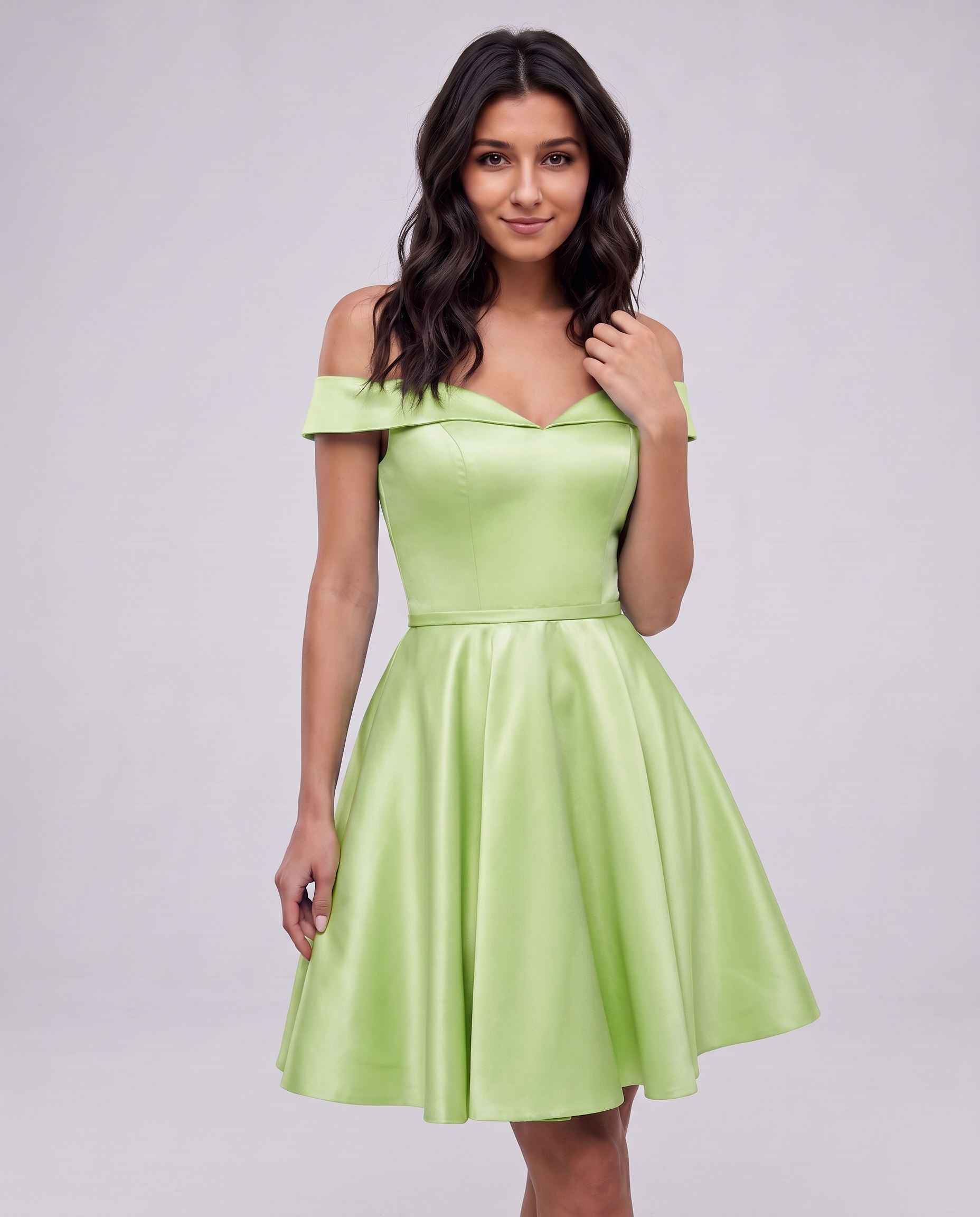 Polyester Satin Off-the-Shoulder V-Neck A-Line Mini Dress for Party, Cocktail, Evening, Wedding Guest, Summer Events in Mint 