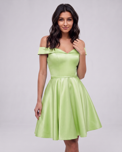 Polyester Satin Off-the-Shoulder V-Neck A-Line Mini Dress for Party, Cocktail, Evening, Wedding Guest, Summer Events in Mint 