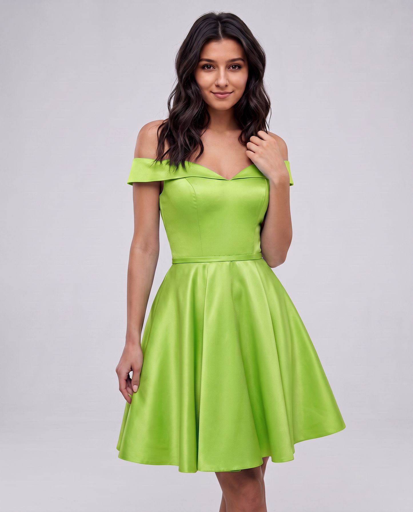 Polyester Satin Off-the-Shoulder V-Neck A-Line Mini Dress for Party, Cocktail, Evening, Wedding Guest, Summer Events in Emera