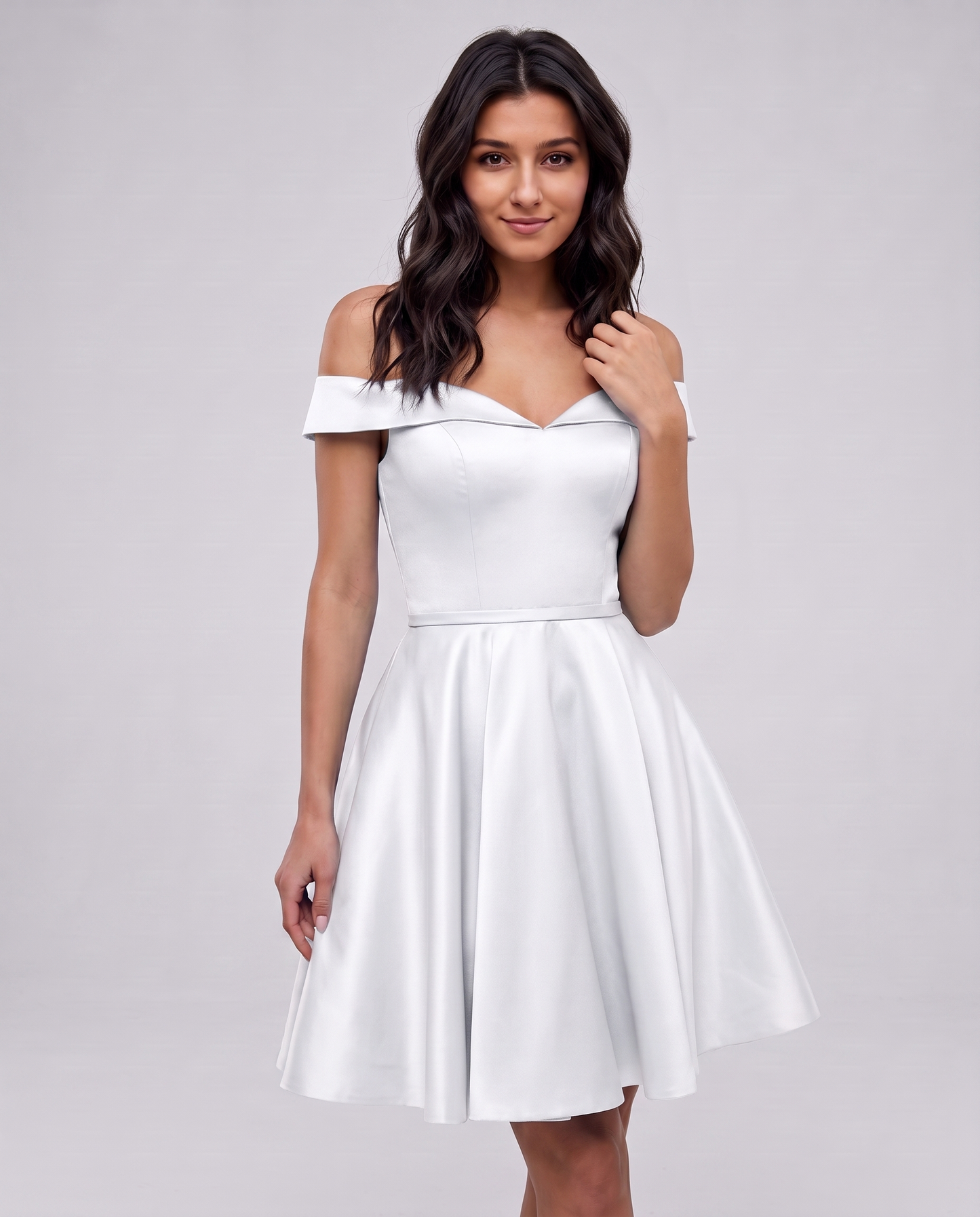 Polyester Satin Off-the-Shoulder V-Neck A-Line Mini Dress for Party, Cocktail, Evening, Wedding Guest, Summer Events in White