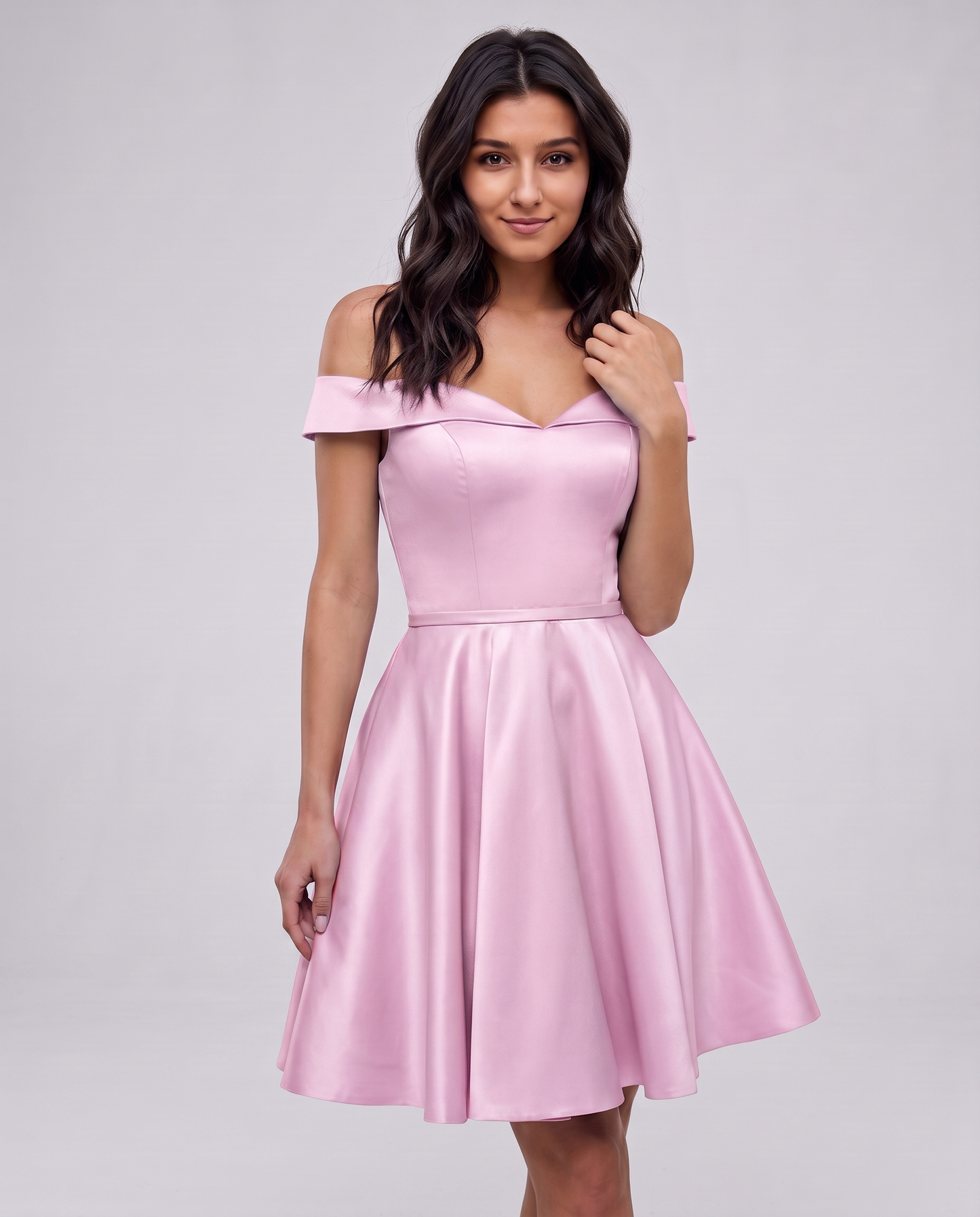 Polyester Satin Off-the-Shoulder V-Neck A-Line Mini Dress for Party, Cocktail, Evening, Wedding Guest, Summer Events in Pink 