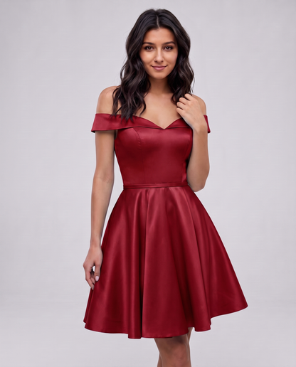 Polyester Satin Off-the-Shoulder V-Neck A-Line Mini Dress for Party, Cocktail, Evening, Wedding Guest, Summer Events in Wine 
