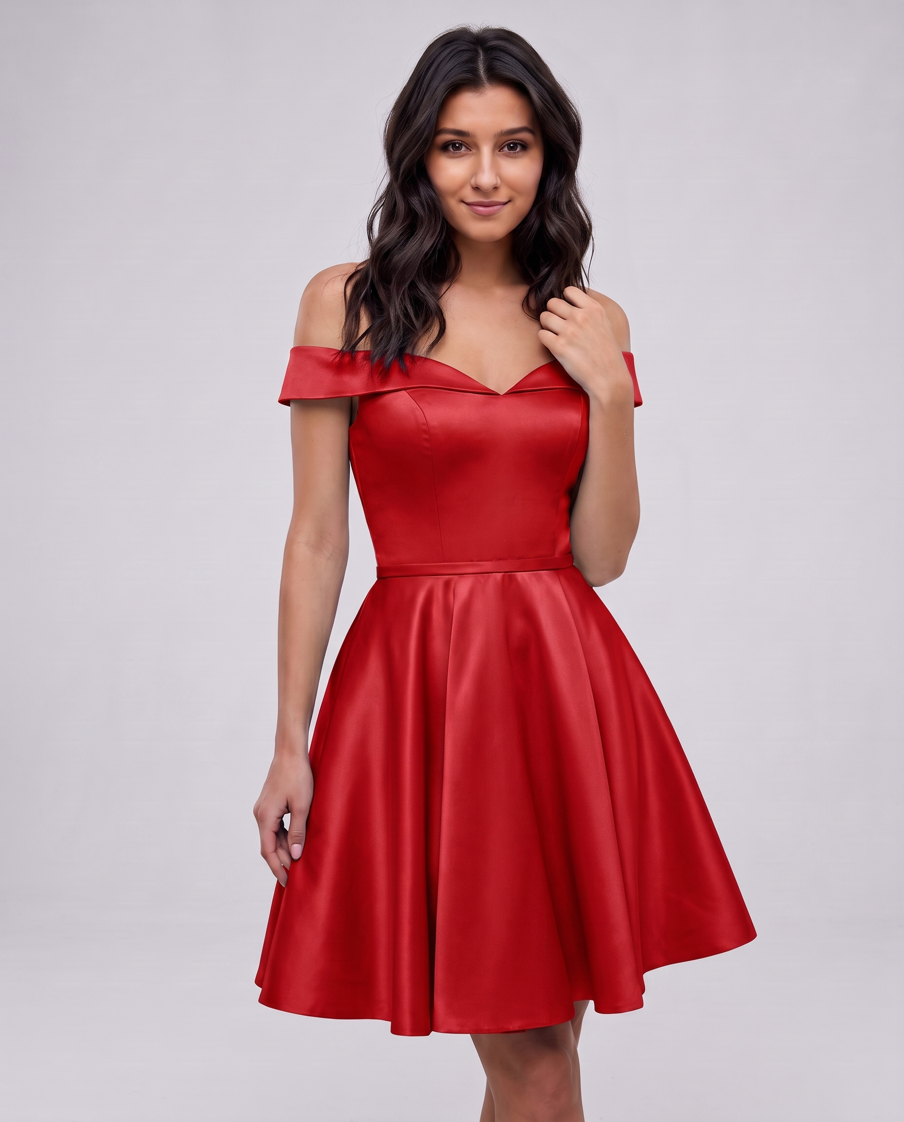 Polyester Satin Off-the-Shoulder V-Neck A-Line Mini Dress for Party, Cocktail, Evening, Wedding Guest, Summer Events in Red |