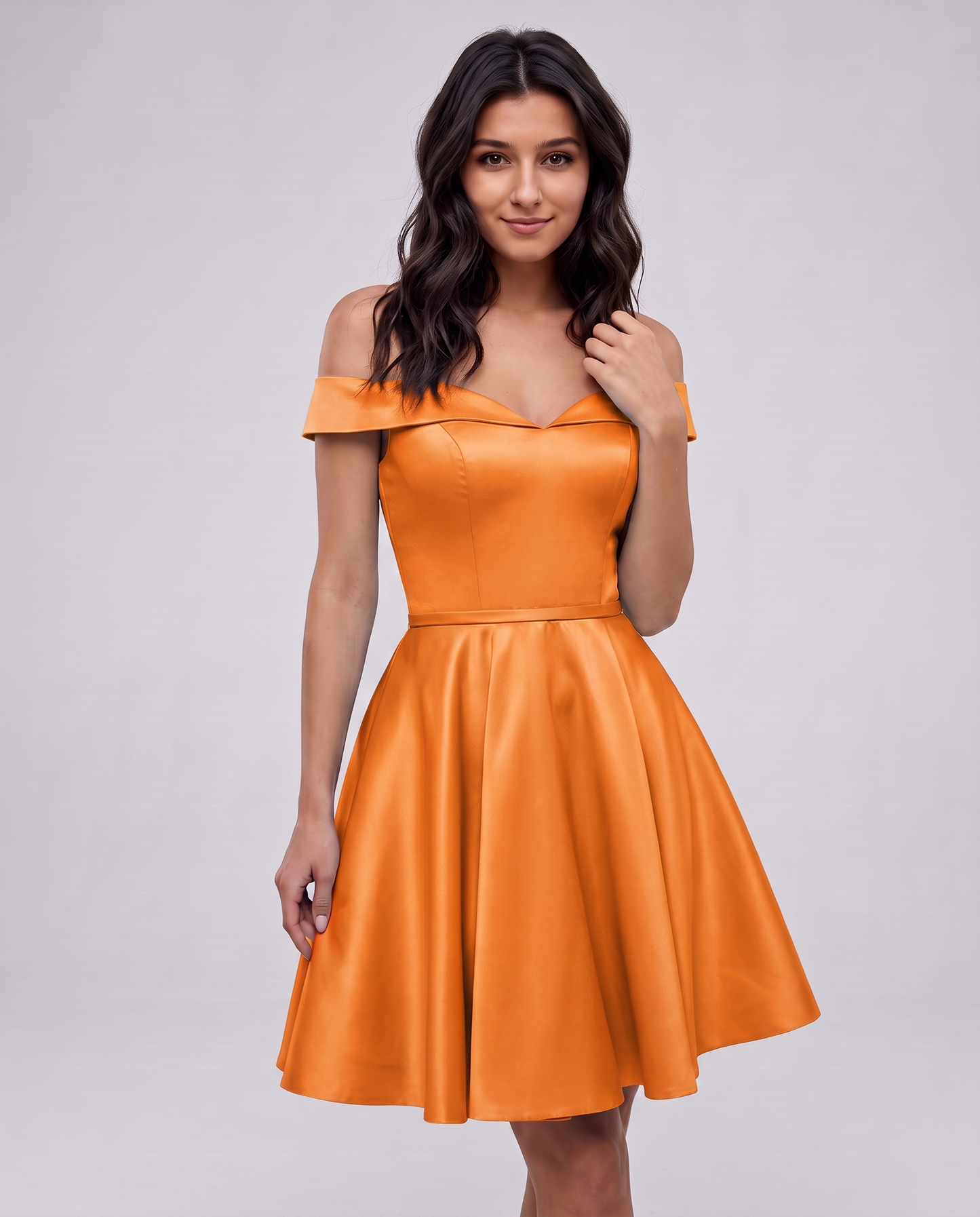 Polyester Satin Off-the-Shoulder V-Neck A-Line Mini Dress for Party, Cocktail, Evening, Wedding Guest, Summer Events in Orang