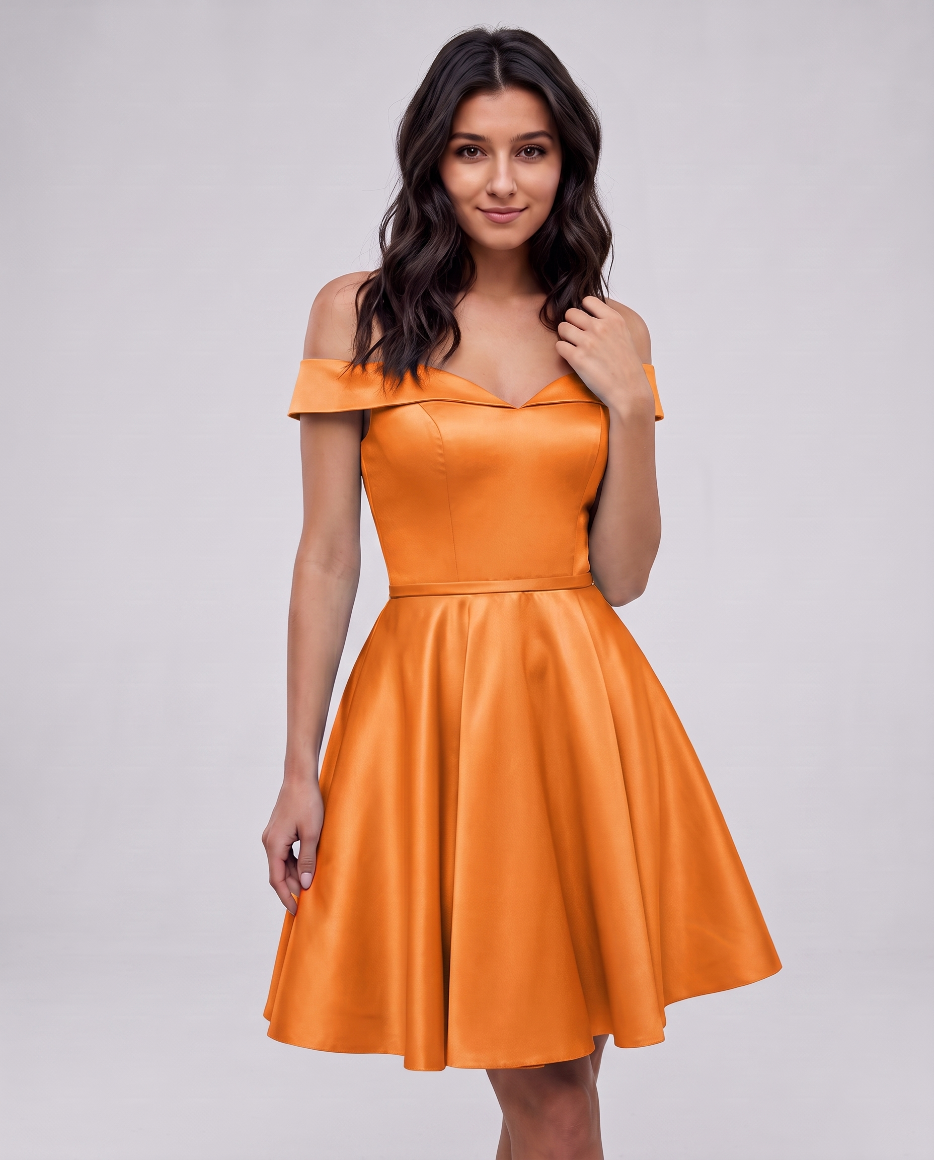 Polyester Satin Off-the-Shoulder V-Neck A-Line Mini Dress for Party, Cocktail, Evening, Wedding Guest, Summer Events in Orang