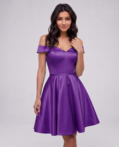 Polyester Satin Off-the-Shoulder V-Neck A-Line Mini Dress for Party, Cocktail, Evening, Wedding Guest, Summer Events in Purpl