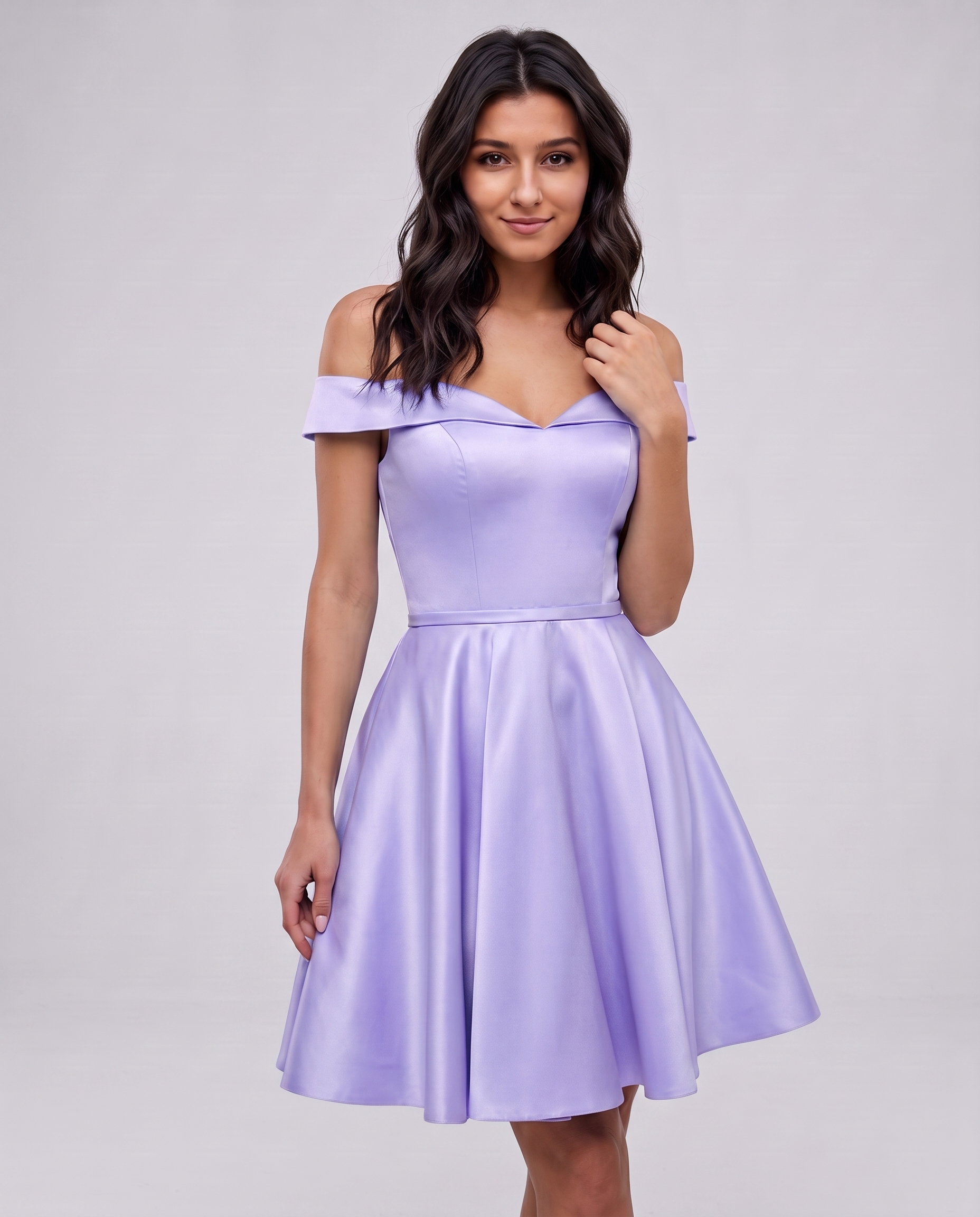 Polyester Satin Off-the-Shoulder V-Neck A-Line Mini Dress for Party, Cocktail, Evening, Wedding Guest, Summer Events in Laven