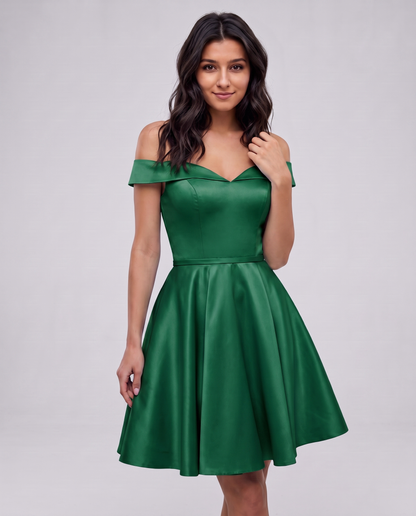 Polyester Satin Off-the-Shoulder V-Neck A-Line Mini Dress for Party, Cocktail, Evening, Wedding Guest, Summer Events in Green