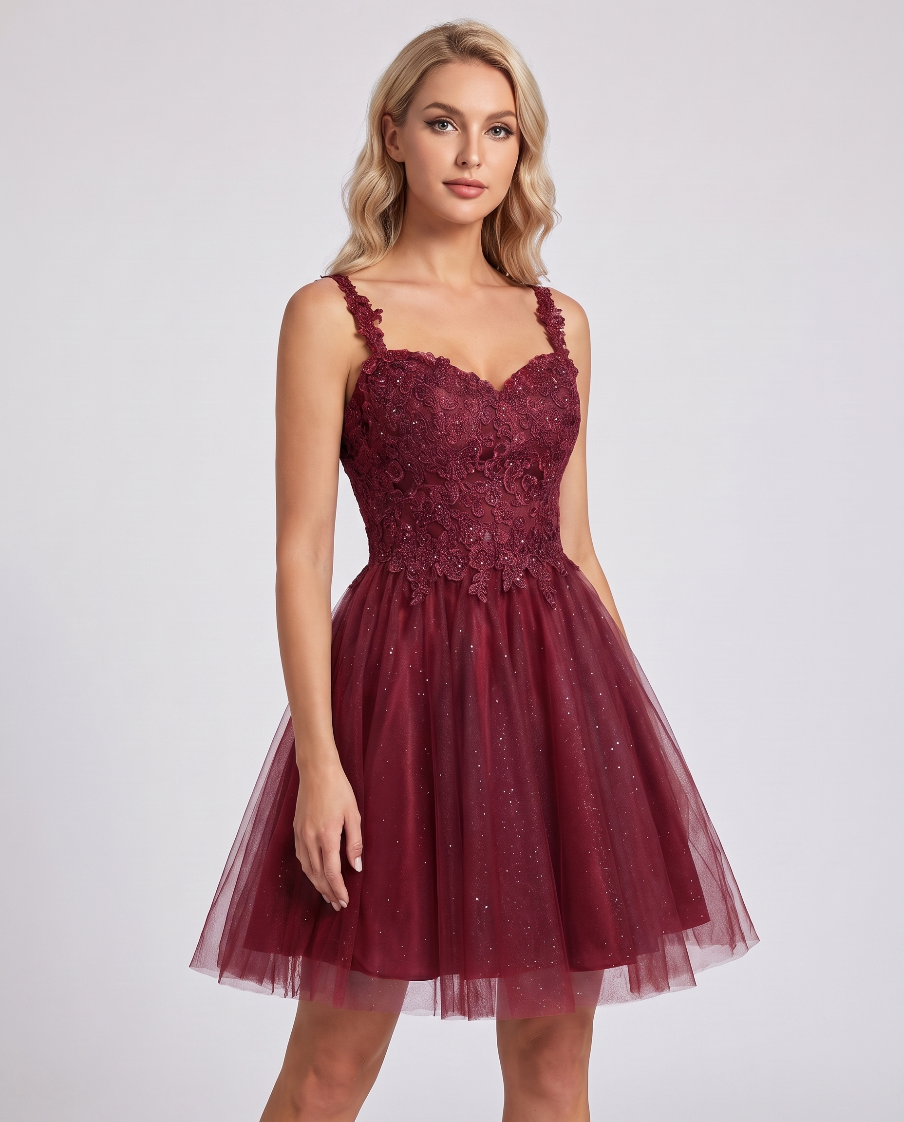 Polyester Tulle Satin Sleeveless Sweetheart V-Neck A-Line Mini Dress for Party, Cocktail, Evening, Summer & Wedding Guest Eve