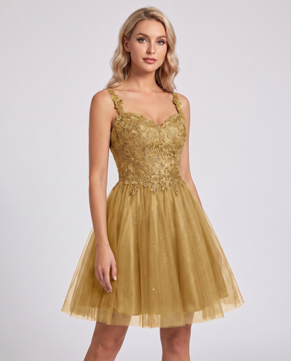 Polyester Tulle Satin Sleeveless Sweetheart V-Neck A-Line Mini Dress for Party, Cocktail, Evening, Summer & Wedding Guest Eve