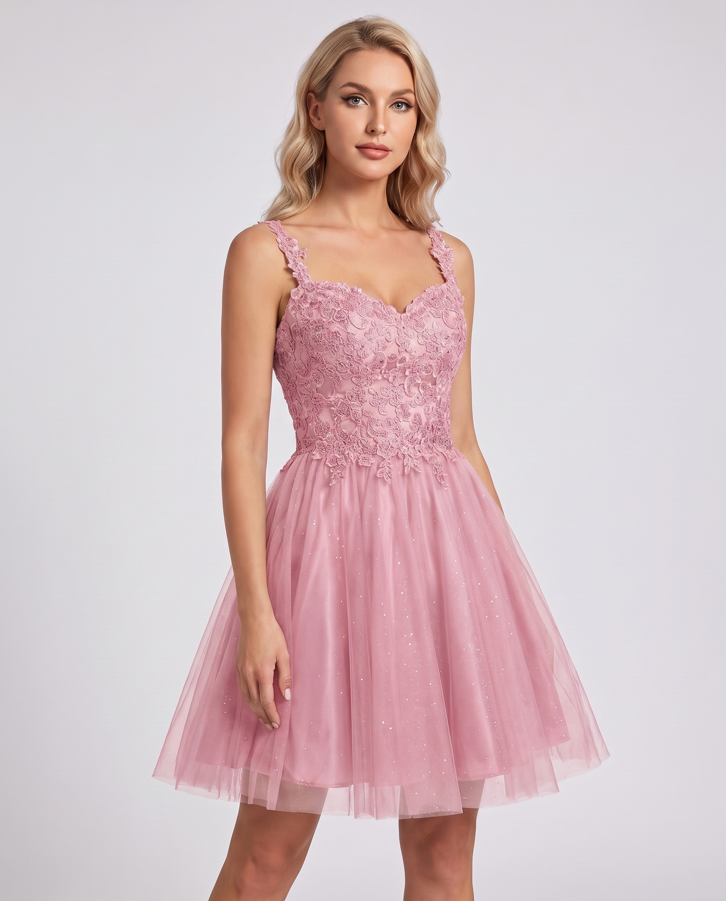 Polyester Tulle Satin Sleeveless Sweetheart V-Neck A-Line Mini Dress for Party, Cocktail, Evening, Summer & Wedding Guest Eve
