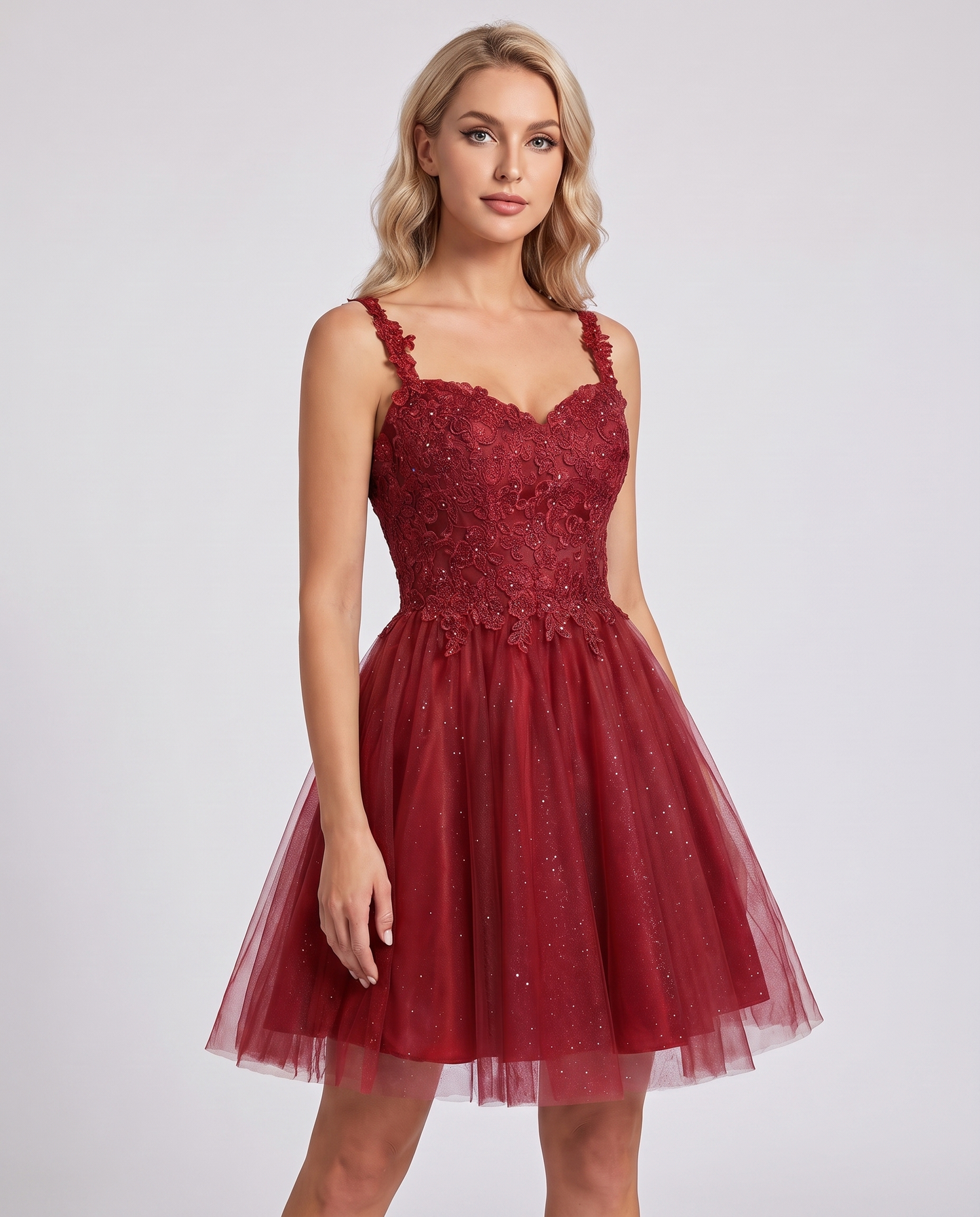 Polyester Tulle Satin Sleeveless Sweetheart V-Neck A-Line Mini Dress for Party, Cocktail, Evening, Summer & Wedding Guest Eve