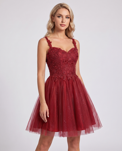 Polyester Tulle Satin Sleeveless Sweetheart V-Neck A-Line Mini Dress for Party, Cocktail, Evening, Summer & Wedding Guest Eve