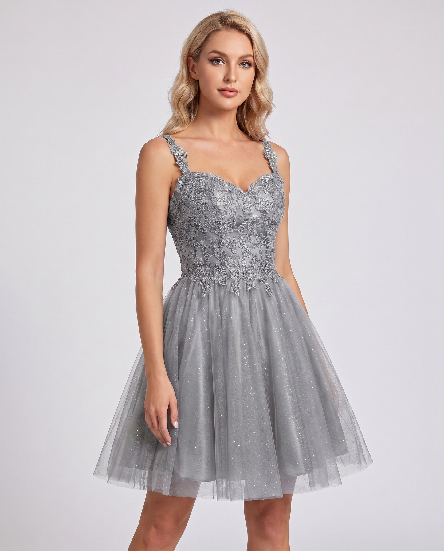 Polyester Tulle Satin Sleeveless Sweetheart V-Neck A-Line Mini Dress for Party, Cocktail, Evening, Summer & Wedding Guest Eve