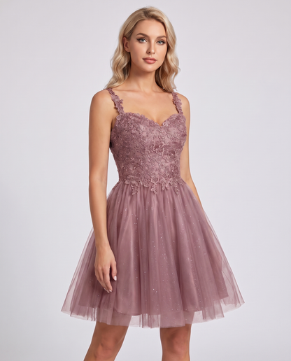 Polyester Tulle Satin Sleeveless Sweetheart V-Neck A-Line Mini Dress for Party, Cocktail, Evening, Summer & Wedding Guest Eve