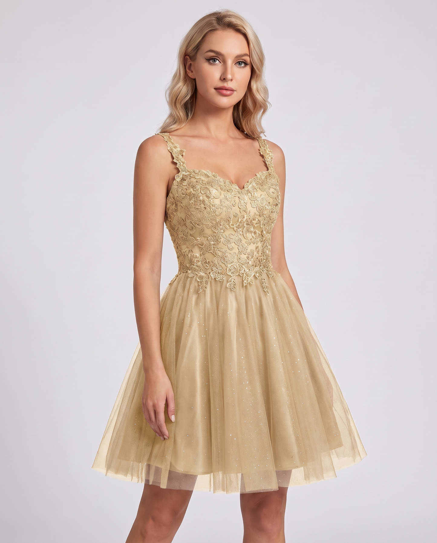 Polyester Tulle Satin Sleeveless Sweetheart V-Neck A-Line Mini Dress for Party, Cocktail, Evening, Summer & Wedding Guest Eve