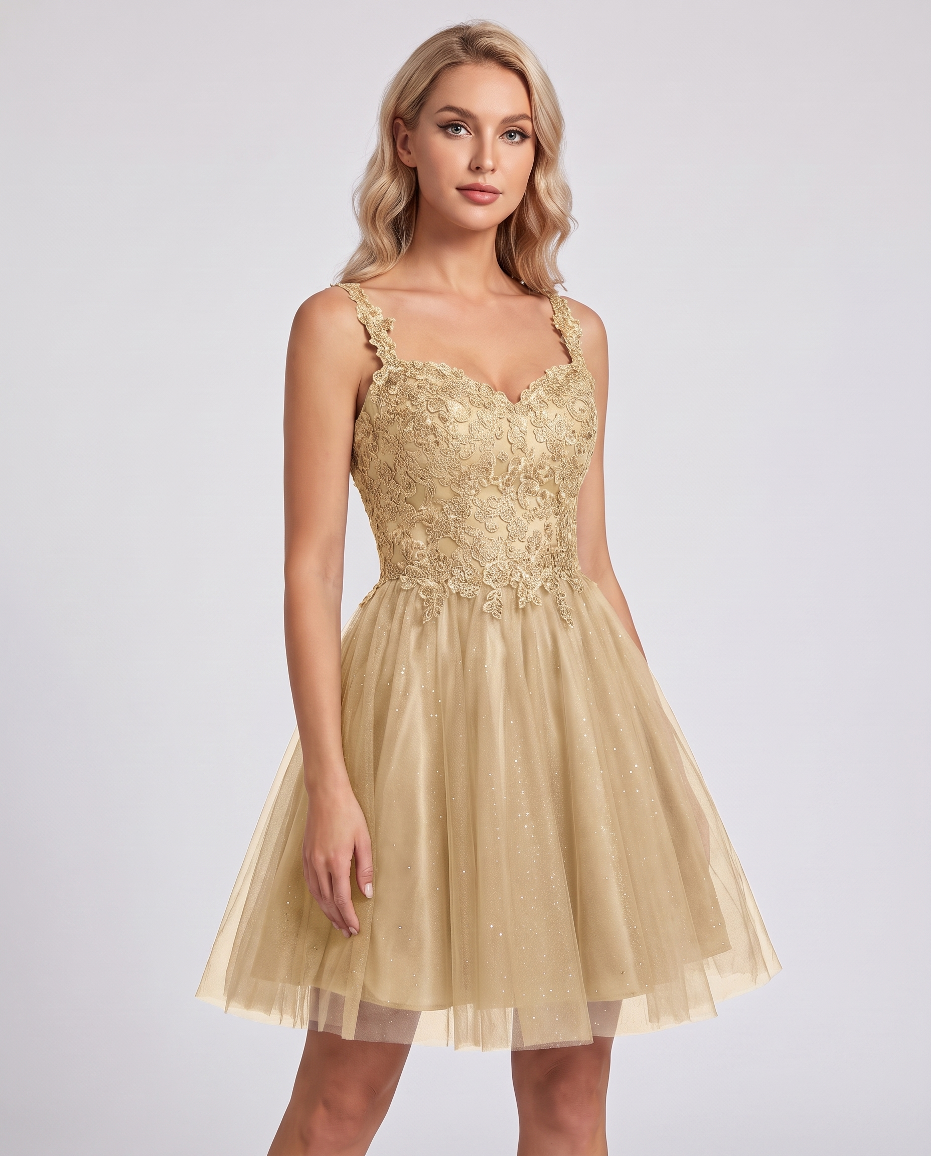 Polyester Tulle Satin Sleeveless Sweetheart V-Neck A-Line Mini Dress for Party, Cocktail, Evening, Summer & Wedding Guest Eve
