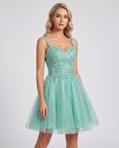 Polyester Tulle Satin Sleeveless Sweetheart V-Neck A-Line Mini Dress for Party, Cocktail, Evening, Summer & Wedding Guest Eve