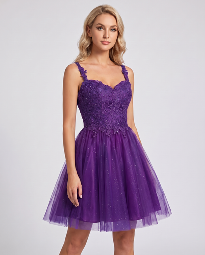 Polyester Tulle Satin Sleeveless Sweetheart V-Neck A-Line Mini Dress for Party, Cocktail, Evening, Summer & Wedding Guest Eve
