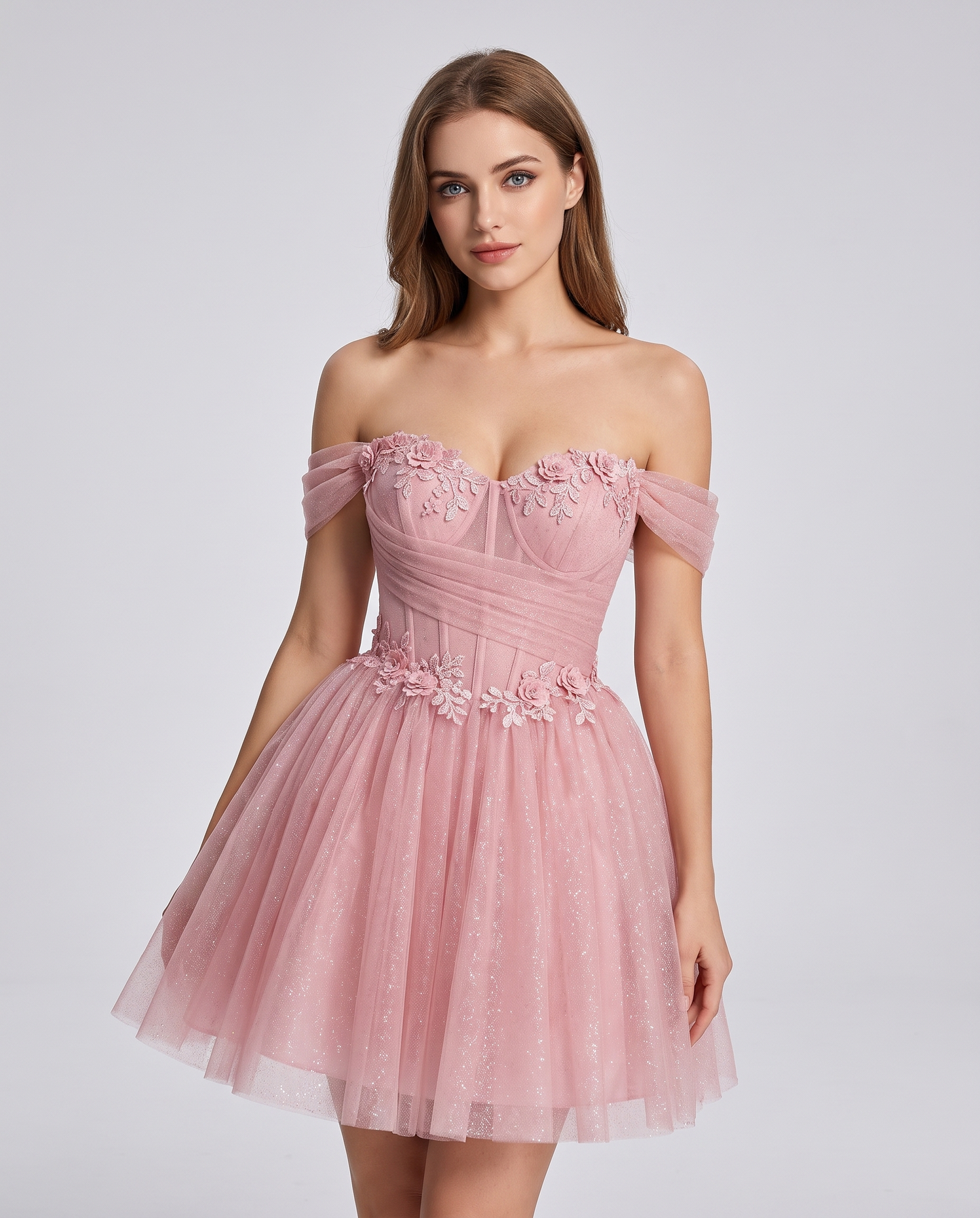 Glitter Tulle Off-the-Shoulder Sweetheart A-Line Mini Dress with Floral Appliqués for Prom, Party, Cocktail, Evening & Weddin