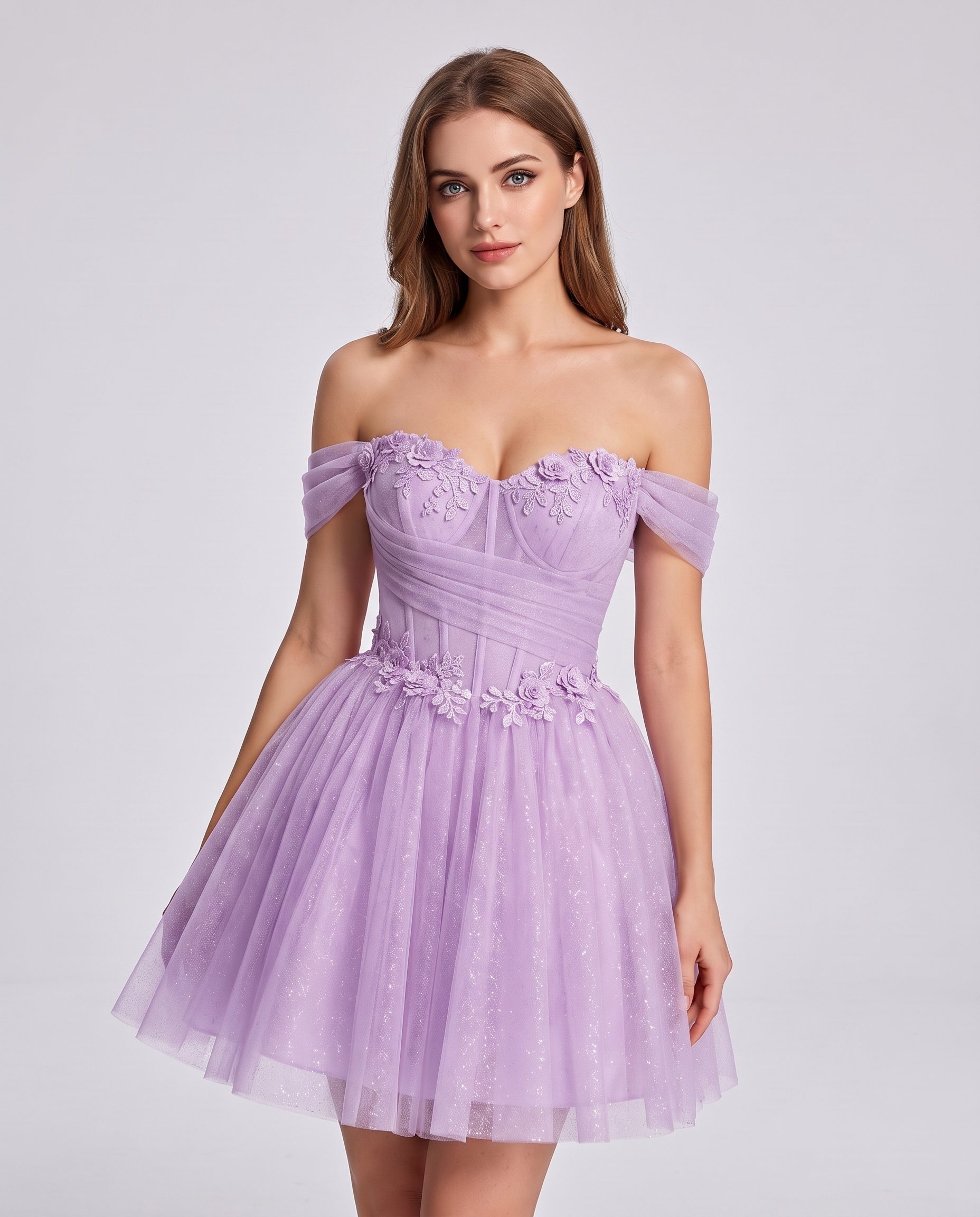 Glitter Tulle Off-the-Shoulder Sweetheart A-Line Mini Dress with Floral Appliqués for Prom, Party, Cocktail, Evening & Weddin