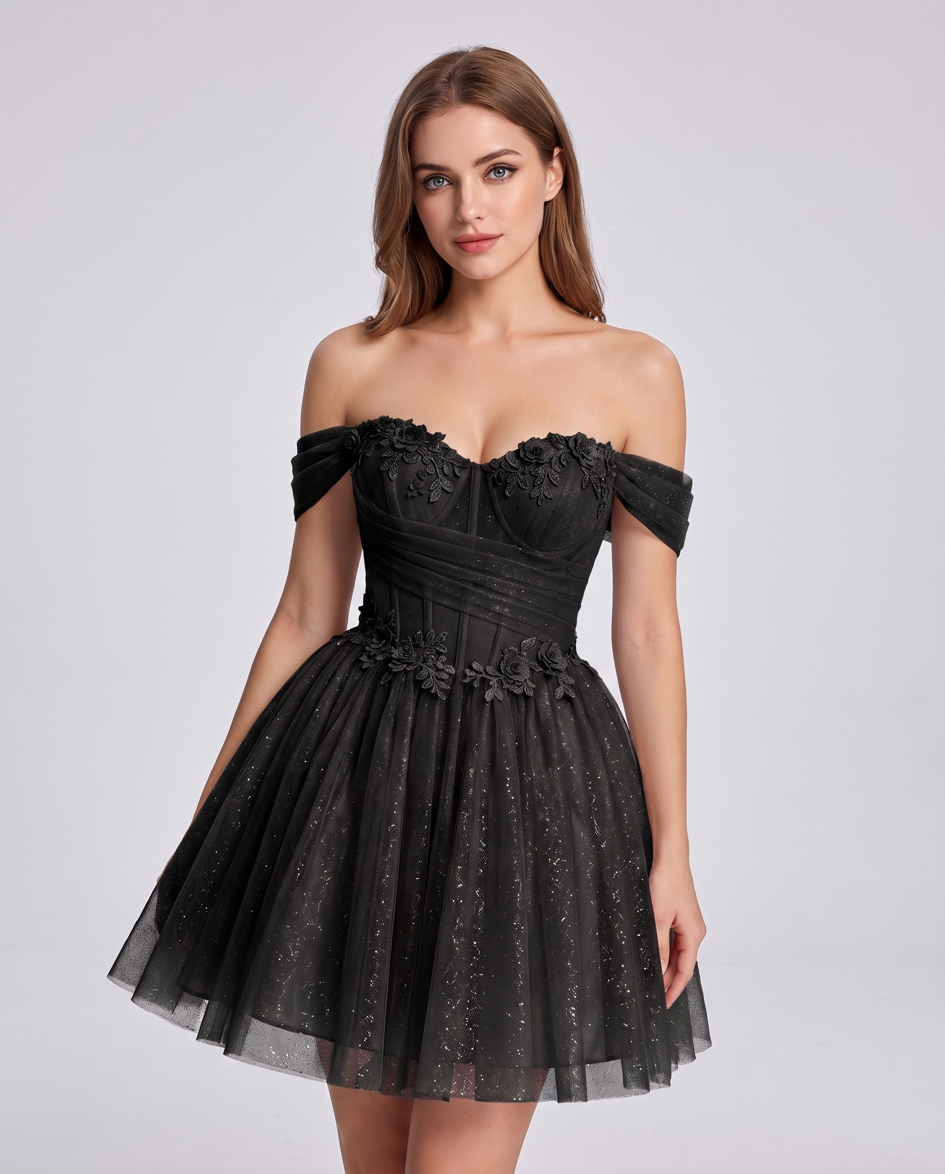 Glitter Tulle Off-the-Shoulder Sweetheart A-Line Mini Dress with Floral Appliqués for Prom, Party, Cocktail, Evening & Weddin