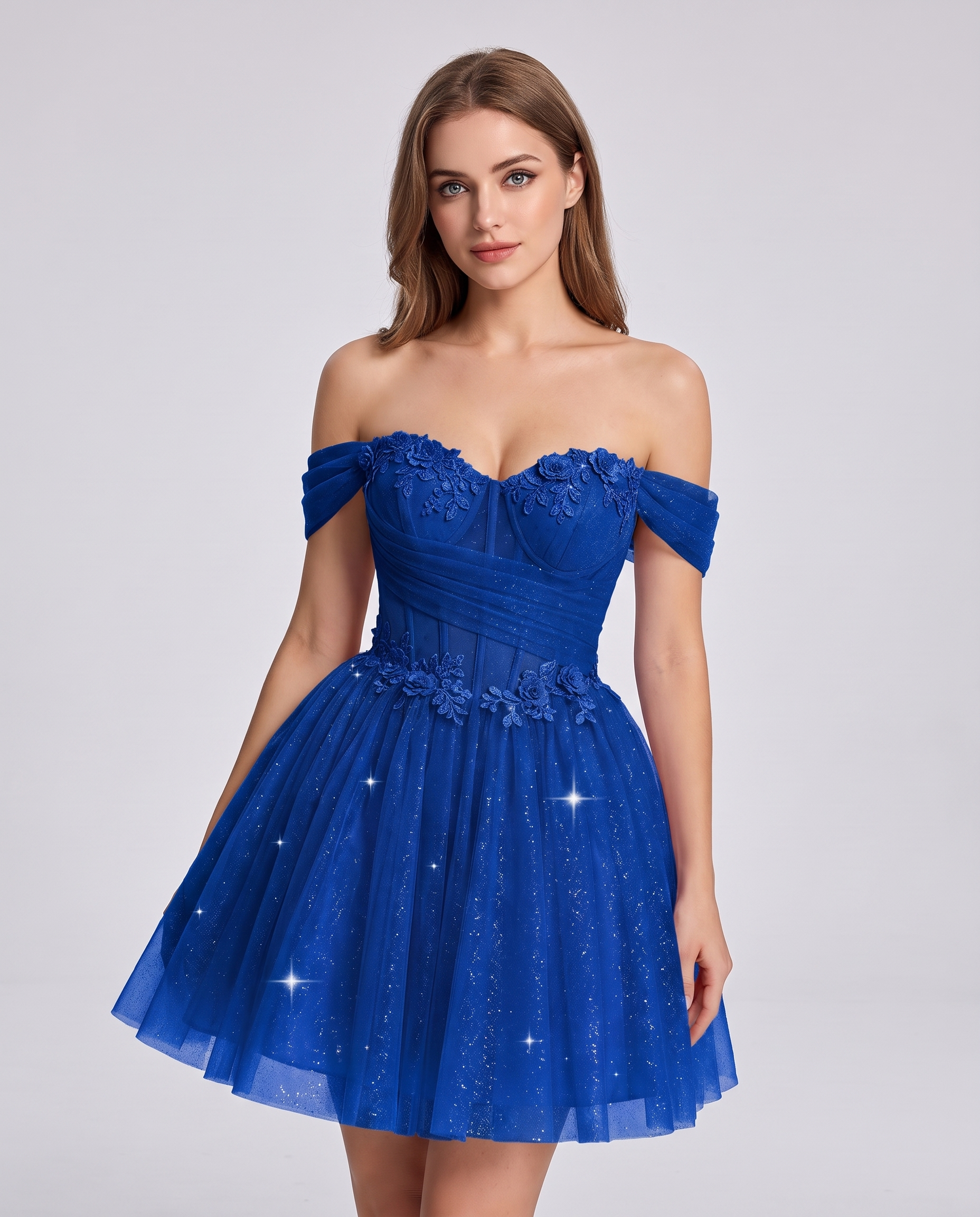 Glitter Tulle Off-the-Shoulder Sweetheart A-Line Mini Dress with Floral Appliqués for Prom, Party, Cocktail, Evening & Weddin