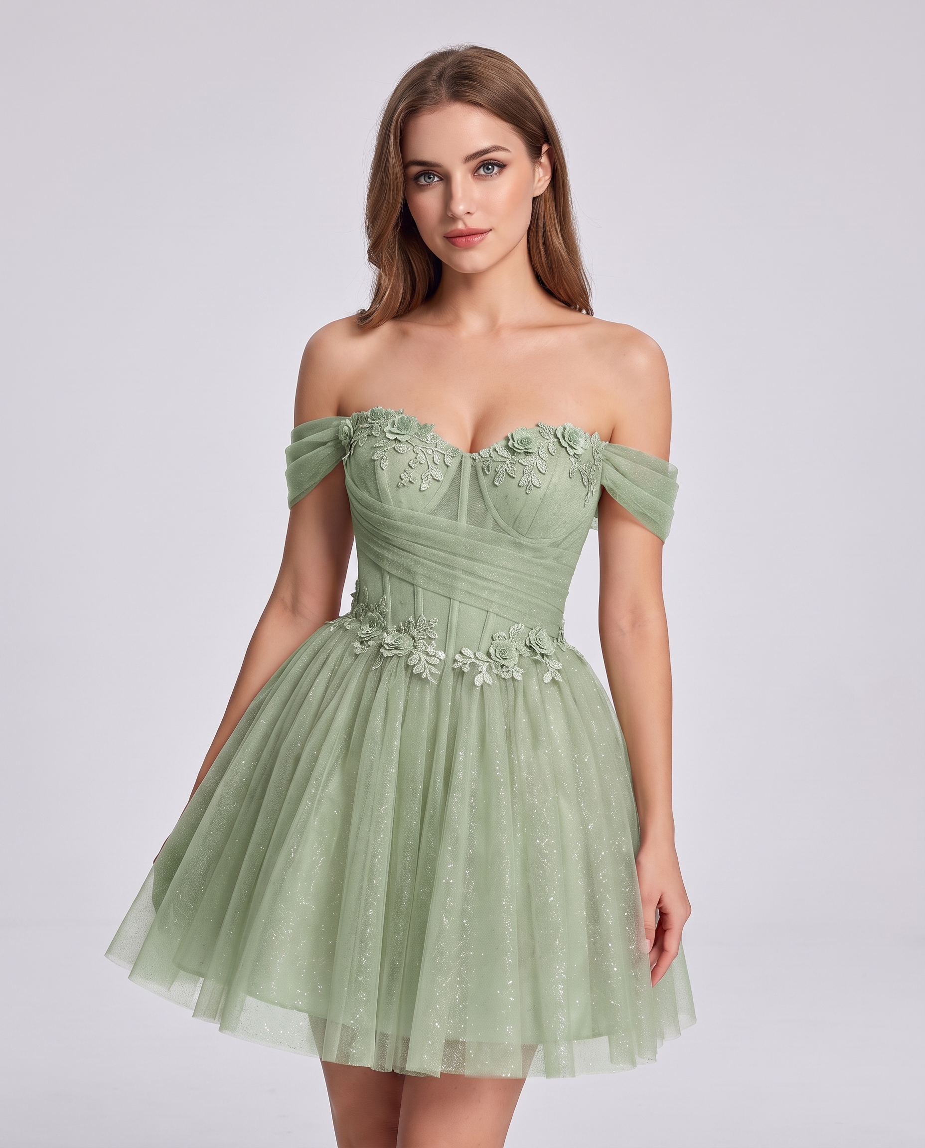 Glitter Tulle Off-the-Shoulder Sweetheart A-Line Mini Dress with Floral Appliqués for Prom, Party, Cocktail, Evening & Weddin