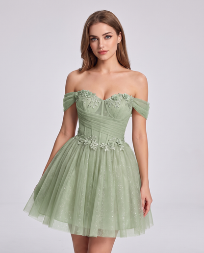 Glitter Tulle Off-the-Shoulder Sweetheart A-Line Mini Dress with Floral Appliqués for Prom, Party, Cocktail, Evening & Weddin