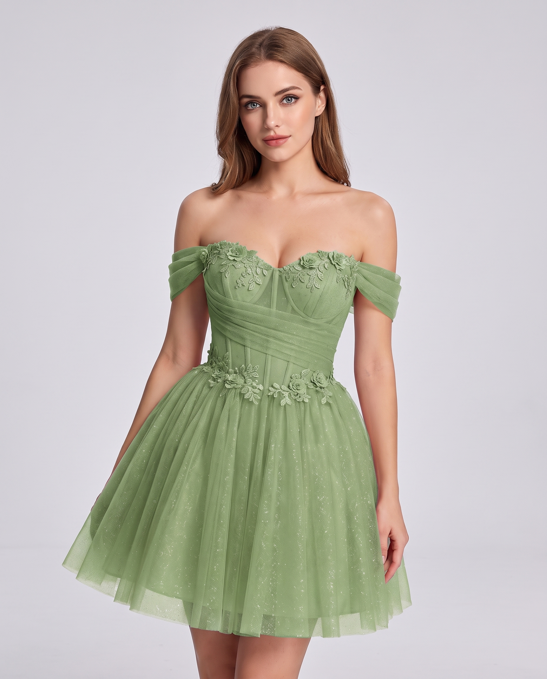 Glitter Tulle Off-the-Shoulder Sweetheart A-Line Mini Dress with Floral Appliqués for Prom, Party, Cocktail, Evening & Weddin
