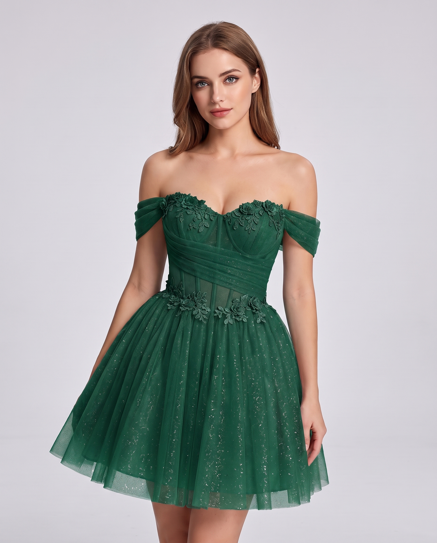 Glitter Tulle Off-the-Shoulder Sweetheart A-Line Mini Dress with Floral Appliqués for Prom, Party, Cocktail, Evening & Weddin