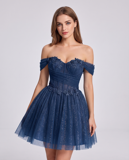 Glitter Tulle Off-the-Shoulder Sweetheart A-Line Mini Dress with Floral Appliqués for Prom, Party, Cocktail, Evening & Weddin
