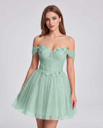 Glitter Tulle Off-the-Shoulder Sweetheart A-Line Mini Dress with Floral Appliqués for Prom, Party, Cocktail, Evening & Weddin