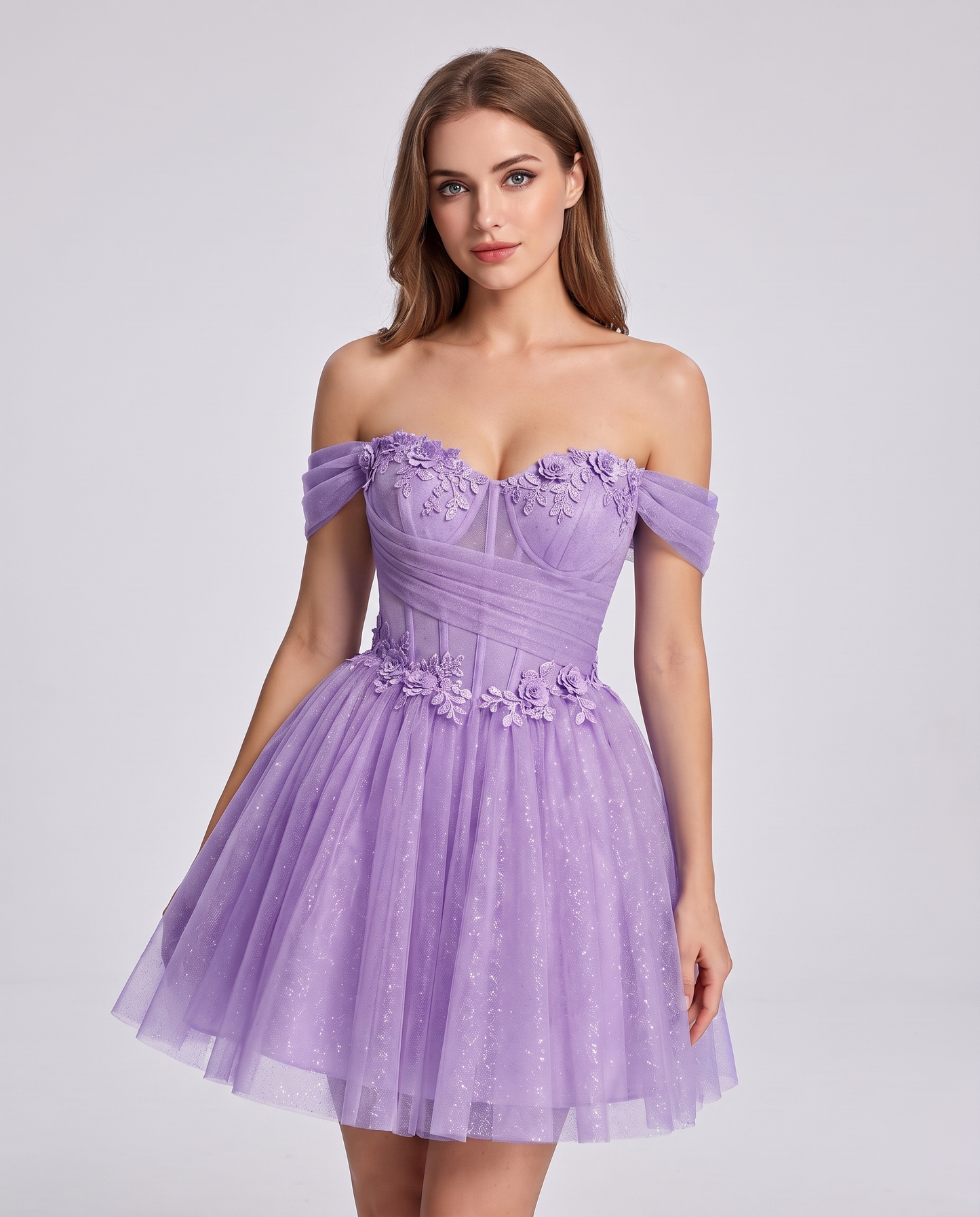 Glitter Tulle Off-the-Shoulder Sweetheart A-Line Mini Dress with Floral Appliqués for Prom, Party, Cocktail, Evening & Weddin