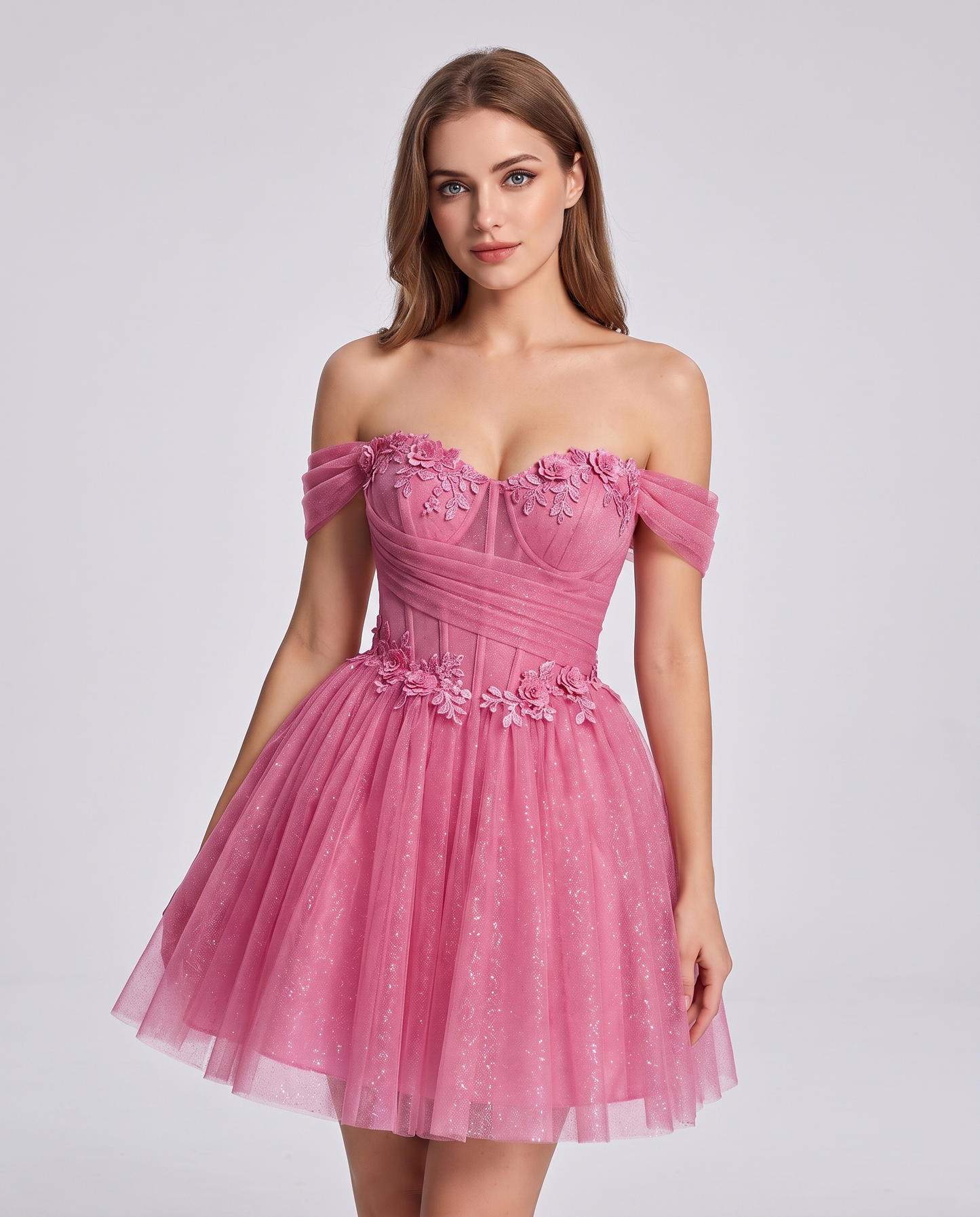 Glitter Tulle Off-the-Shoulder Sweetheart A-Line Mini Dress with Floral Appliqués for Prom, Party, Cocktail, Evening & Weddin