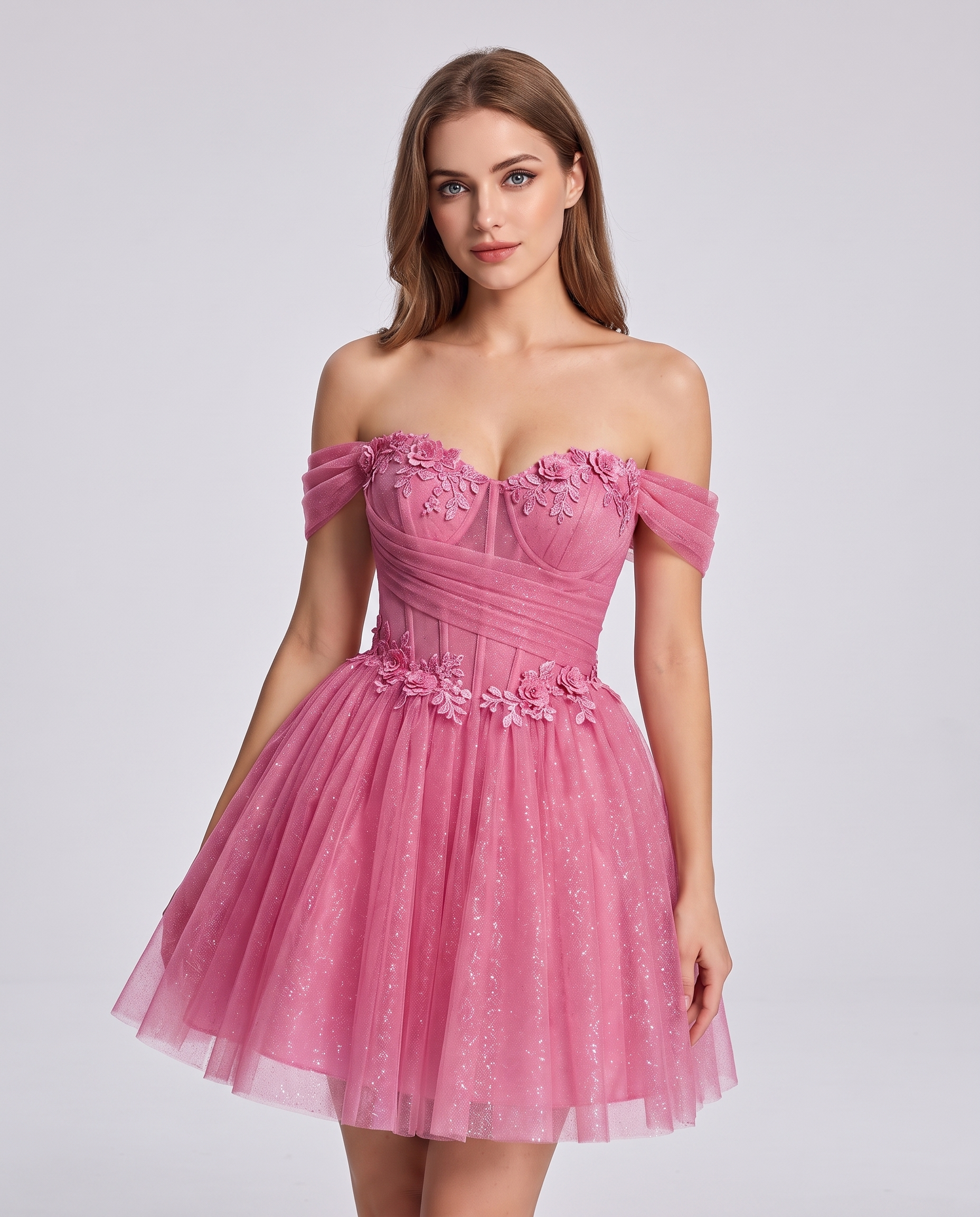 Glitter Tulle Off-the-Shoulder Sweetheart A-Line Mini Dress with Floral Appliqués for Prom, Party, Cocktail, Evening & Weddin